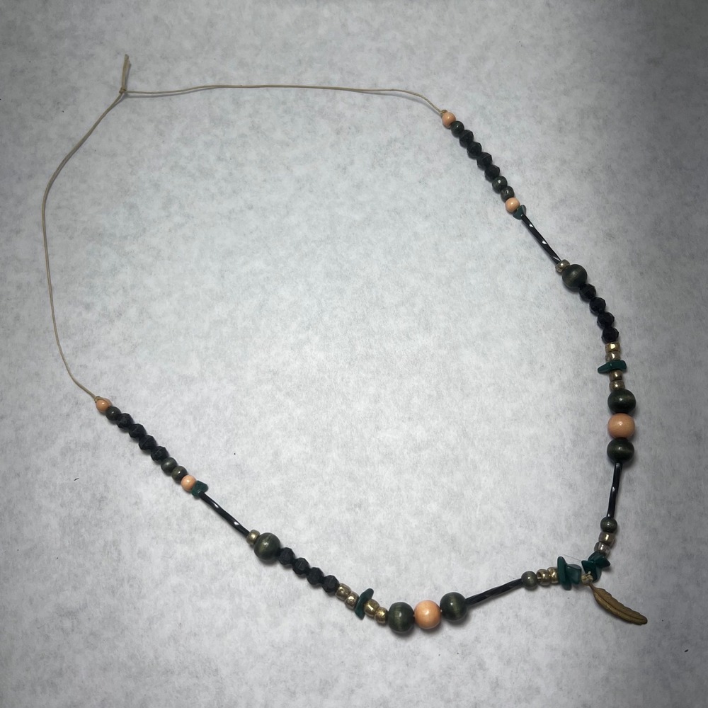 Boho Beaded Necklace Feather Charm Green Peach Black Gold String Pendant Jewelry